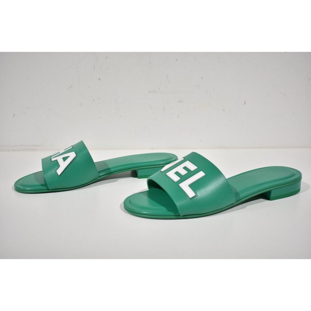 Chanel 23P Green White Leather CC Logo Letter Mules Slide Slip Sandal Flat 38.5 - Picture 10 of 12